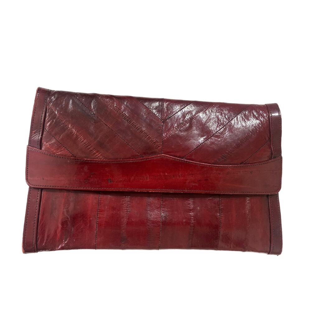 Vtg Eel Oxblood Red Leather Patchwork Clutch